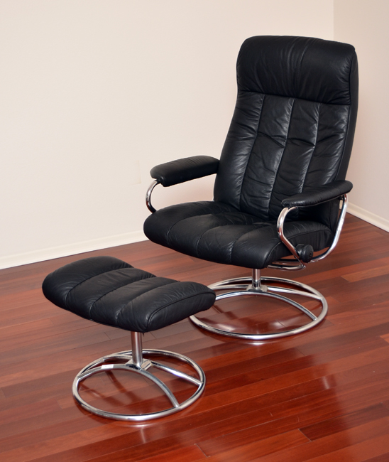 Appraisal: EKORNES STRESSLESS LEATHER CHROME LOUNGE CHAIR OTTOMAN Black leather upholstered