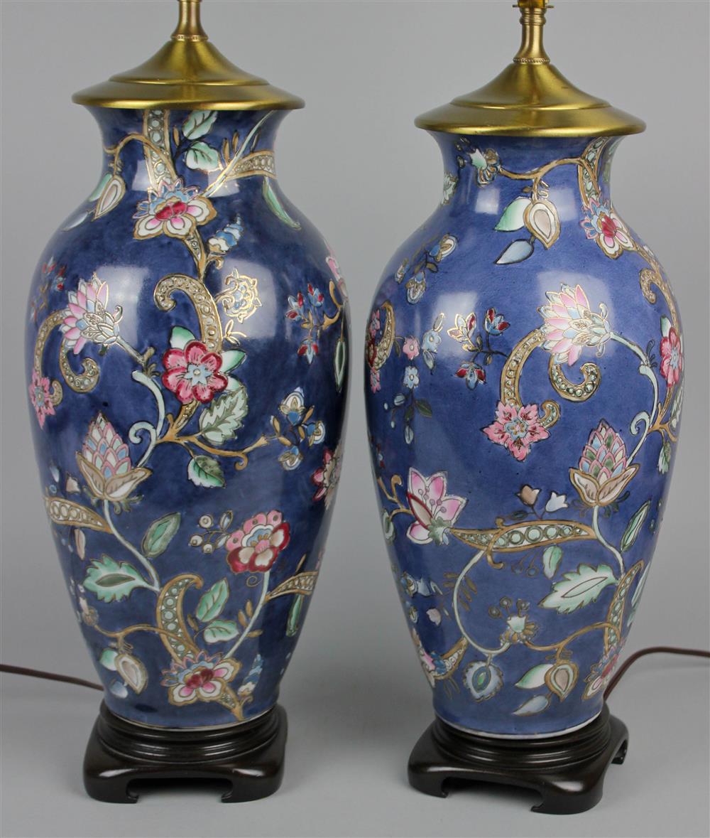 Appraisal: PAIR OF ASIAN STYLE FLORAL DECORATED VASE FORM TABLE LAMPS