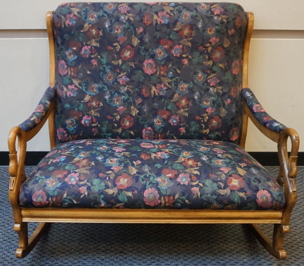 Appraisal: VICTORIAN STYLE FRUITWOOD SWAN NECK AND UPHOLSTERED ROCKING SETTEE X