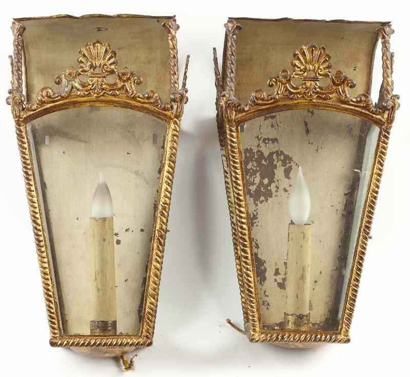 Appraisal: Pair of Venetian Style Hooded Wall Sconcesthree glass panels gilt