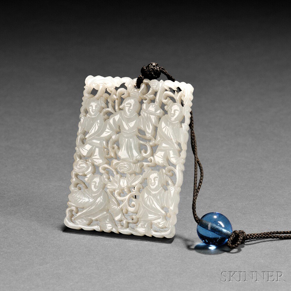 Appraisal: Rectangular Openwork Jade Pendant China th th century carved with