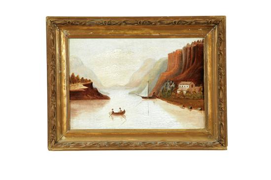 Appraisal: PRIMITIVE LANDSCAPE WITH A CANOE ON A LAKE AMERICAN SCHOOL