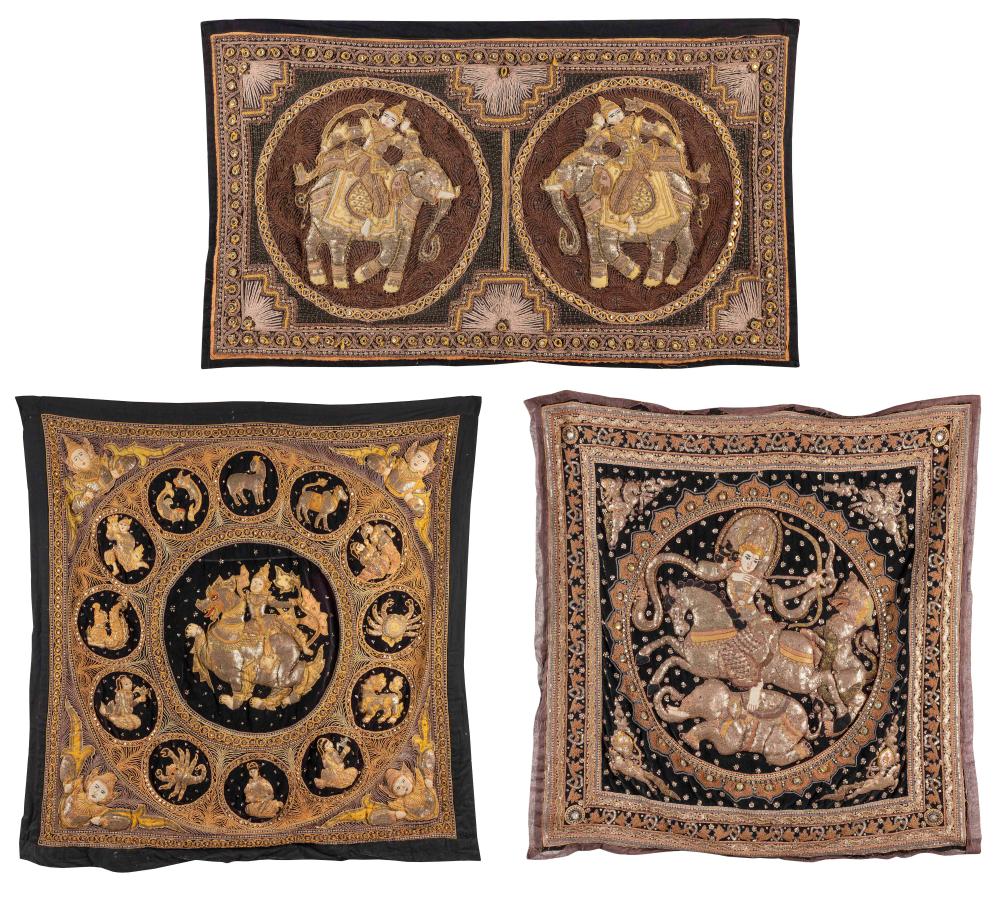 Appraisal: THREE THAI BEADED AND JEWELED TRAPUNTO CLOTH PANELS CIRCA THREE