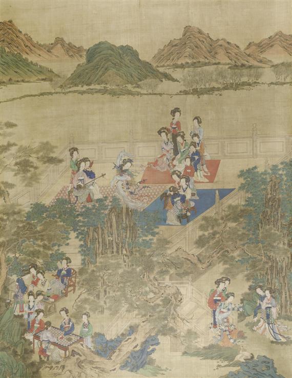 Appraisal: A LARGE HANGING SCROLL OF COURT LADIES ENTERTAINING THEMSELVES IN