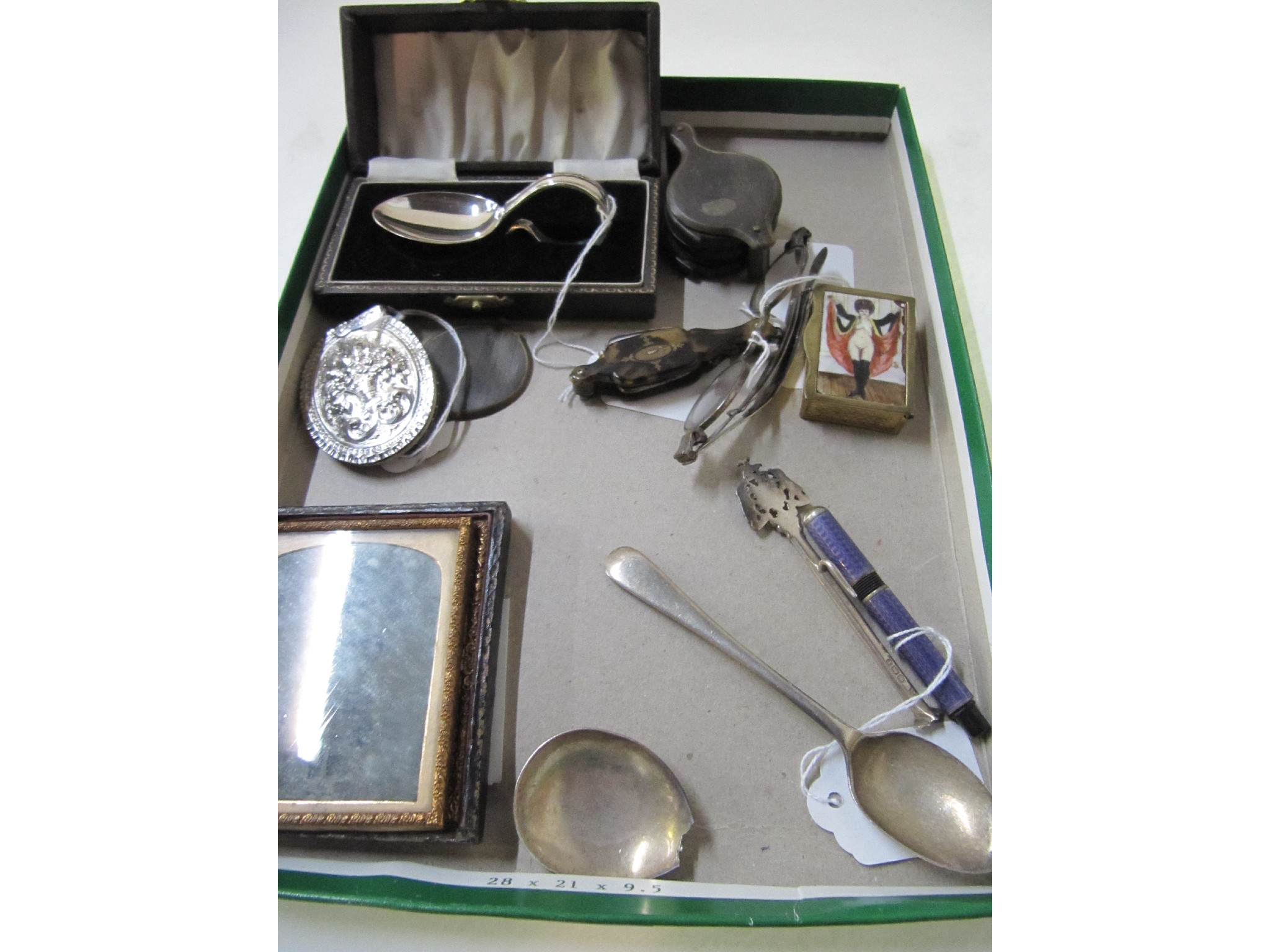 Appraisal: A box of miscellania - lorgnette spectacles silver spoons saucy