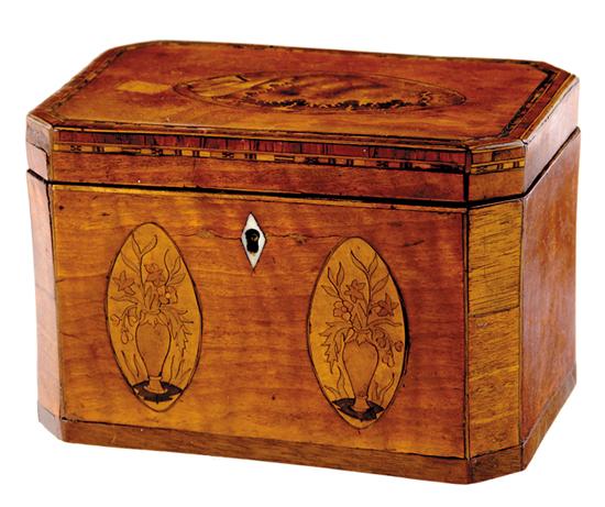 Appraisal: English inlaid satinwood tea caddy circa rectangular box with chamfered