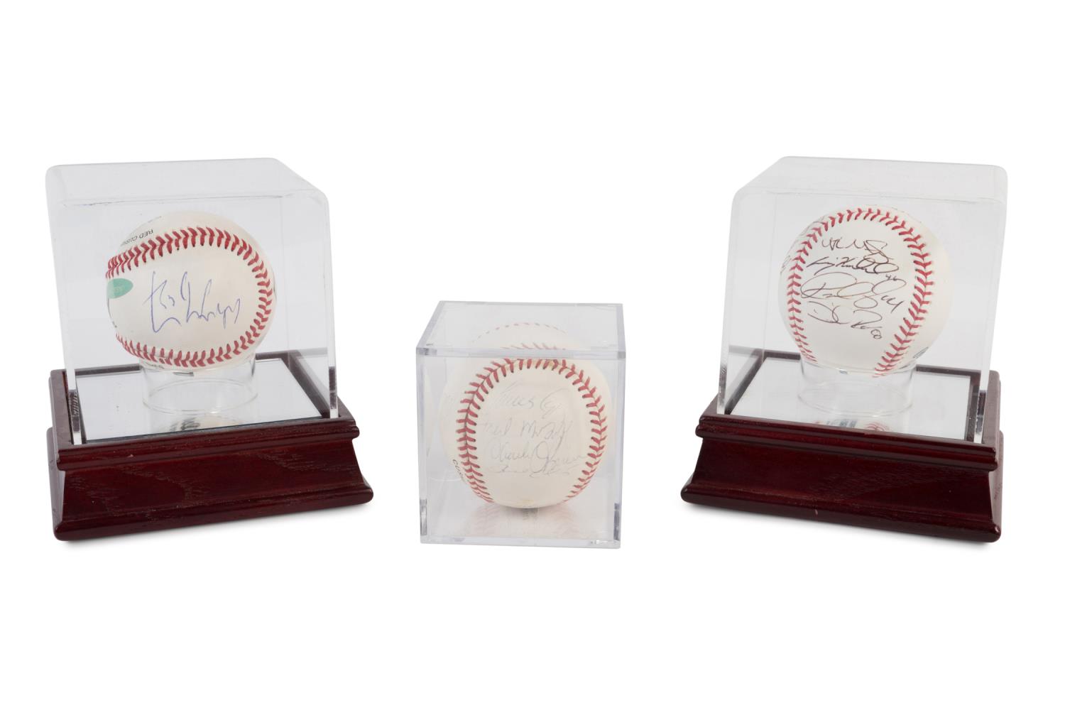 Appraisal: THREE CASED AUTOGRAPHED BASEBALLS Grouping of three autographed baseballs including