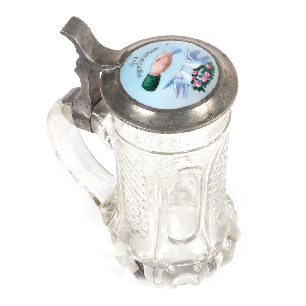 Appraisal: GERMAN CRYSTAL STEIN WITH PORCELAIN WEDDING PLAQUE ON PEWTER LID