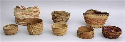 Appraisal: SEVEN NORTHWEST COAST TWINED BASKETS AND A BAG With various