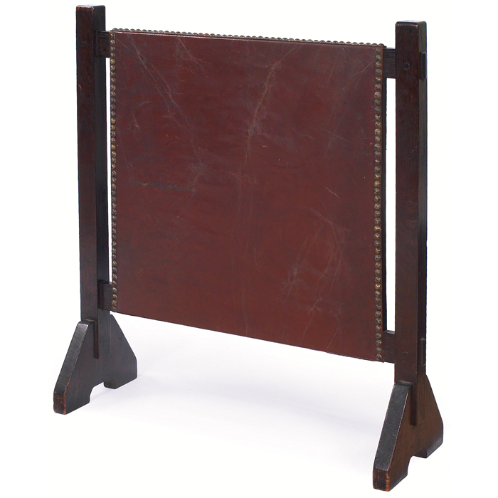 Appraisal: Gustav Stickley fire screen leather panel with thru-tenon construction to