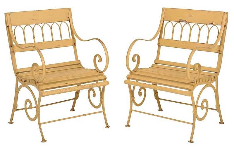 Appraisal: Pair Gothic Style Scrolled Iron Garden Armchairs Continental probably French