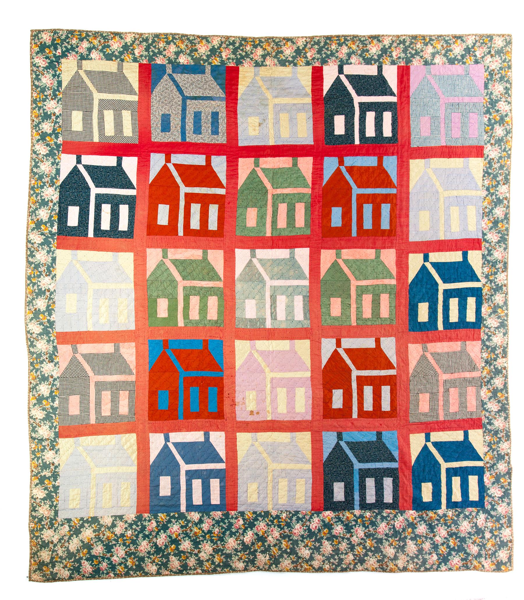 Appraisal: AMERICAN SCHOOLHOUSE QUILT Early th century Hand stitched blocks Wide