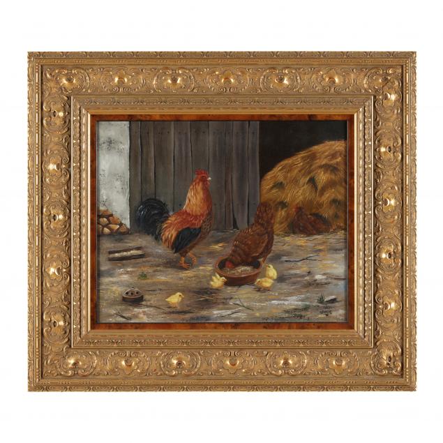 Appraisal: A CONTEMPORARY PAINTING OF CHICKENS IN A FARM YARD Oil