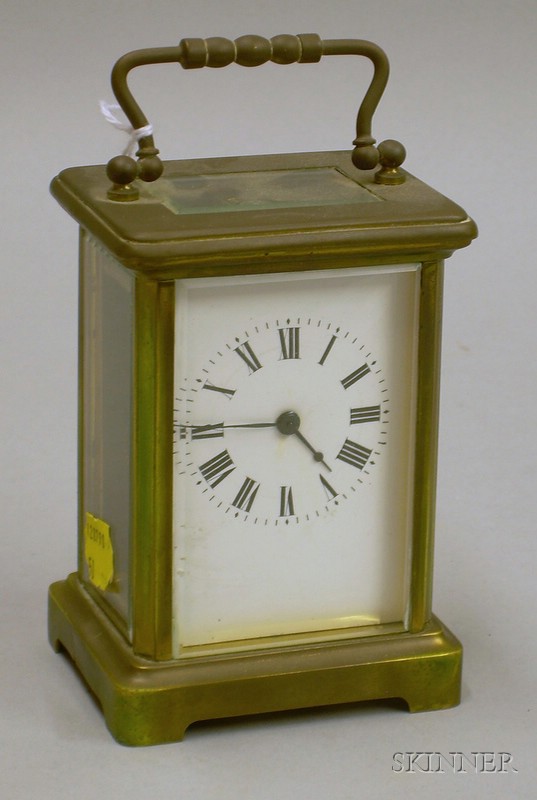 Appraisal: French Brass Carriage Timepiece with brass and beveled glass case