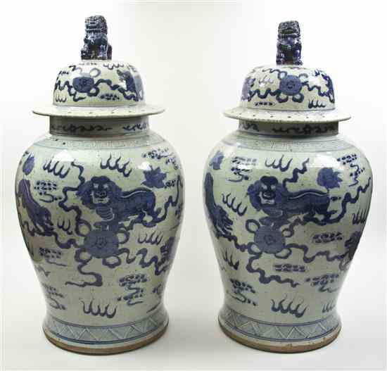 Appraisal: A Pair of Chinese Blue and White Lidded Baluster Vases