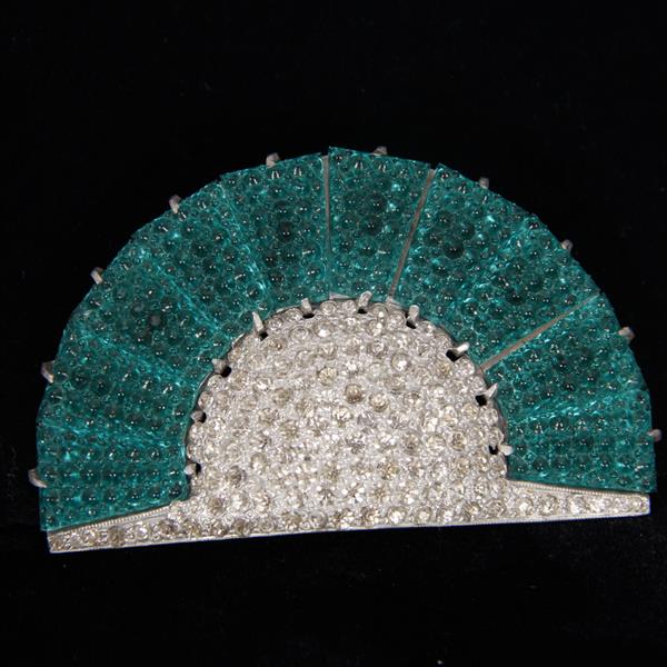 Appraisal: Art Deco Pave and Invisisble Set Glass Fan Brooch Clip