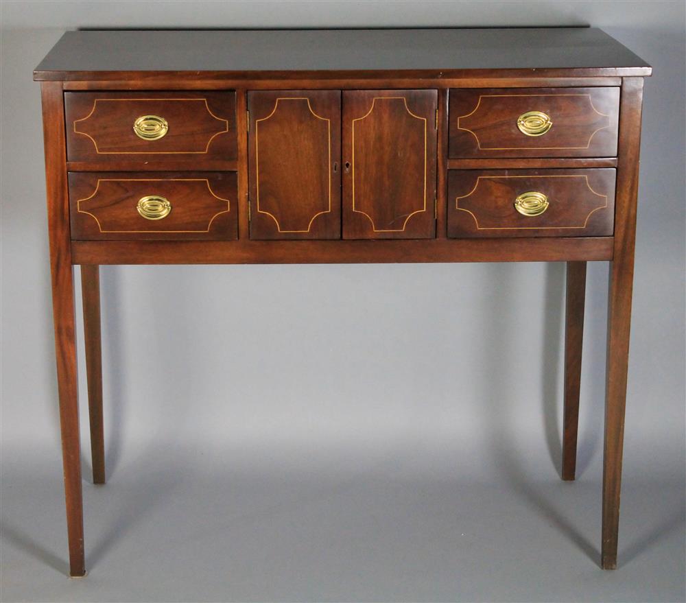 Appraisal: HEPPLEWHITE STYLE MAHOGANY HUNTBOARD WITH STRING INLAY rectangular top over