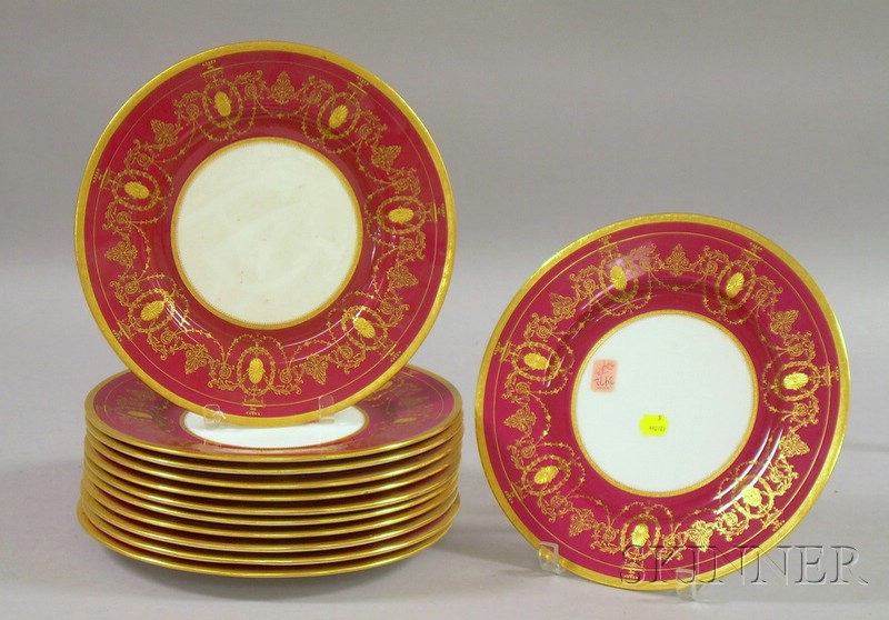 Appraisal: Set of Twelve Mintons Gilt Enamel Decorated Raspberry Red Banded