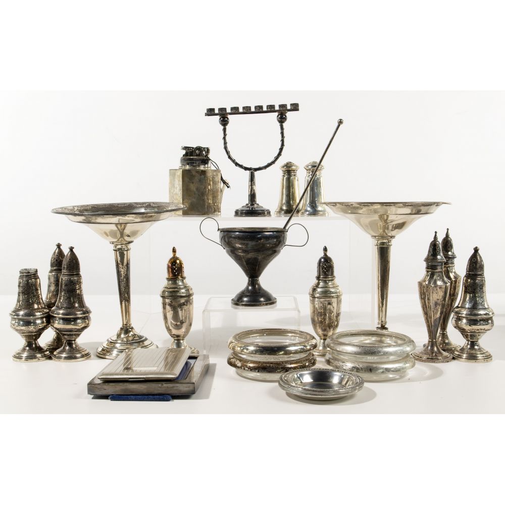 Appraisal: STERLING SILVER HOLLOWWARE ASSORTMENT items including coasters sipper spoon lighter