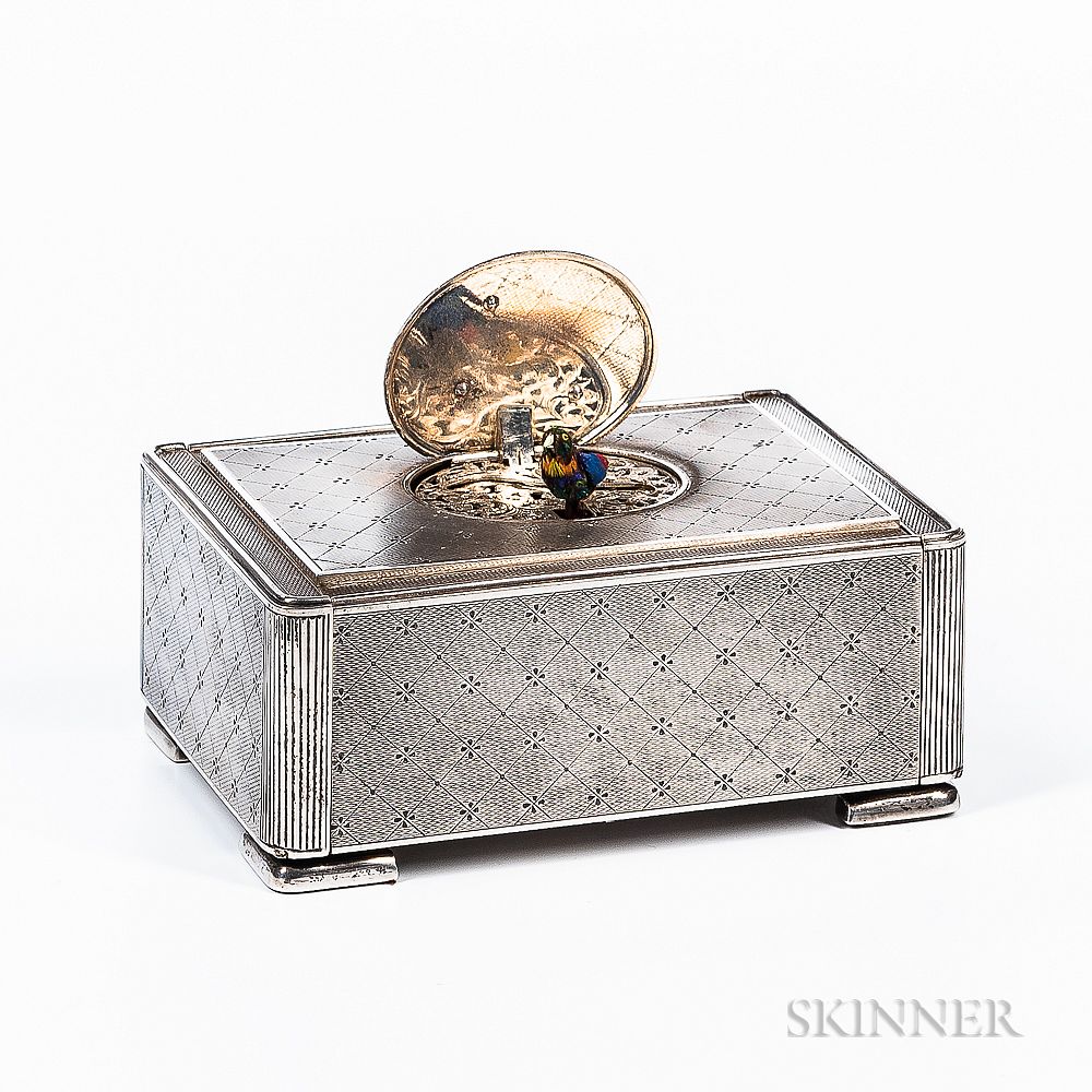 Appraisal: Karl Griesbaum Sterling Silver Automaton Bird Box Karl Griesbaum Sterling