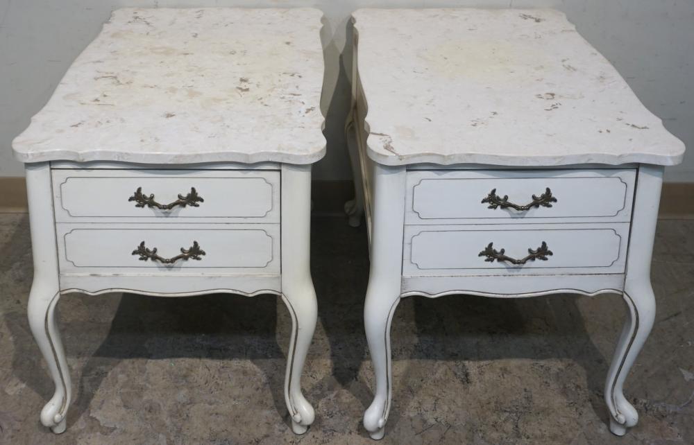 Appraisal: Pair French Provincial Style Painted Fruitwood Marble Top Side Tables