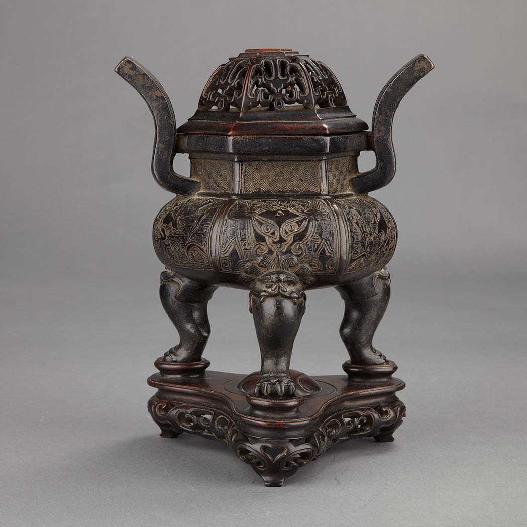 Appraisal: Chinese Bronze Censer th th Century Of hexagonal form raised