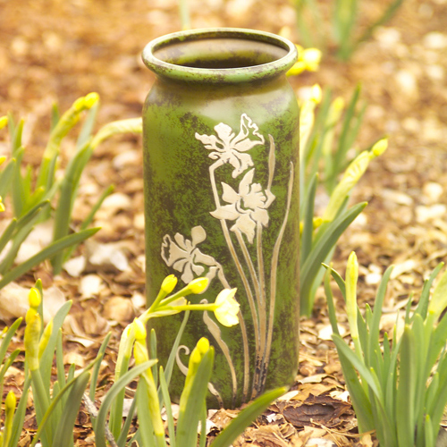 Appraisal: HEINTZ Sterling-on-Bronze cylindrical vase overlaid with daffodils on a green