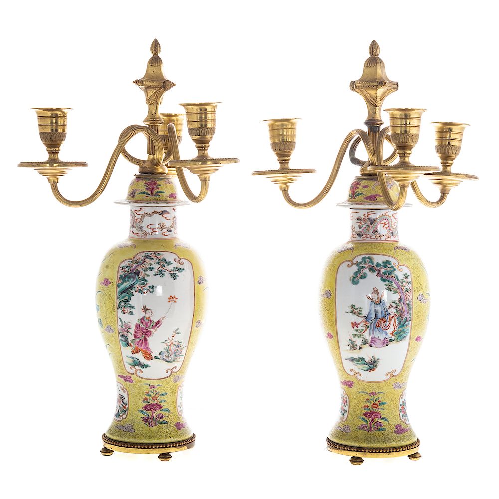 Appraisal: Pair Chinese Export Famille Jaune Candelabra Jars late th century