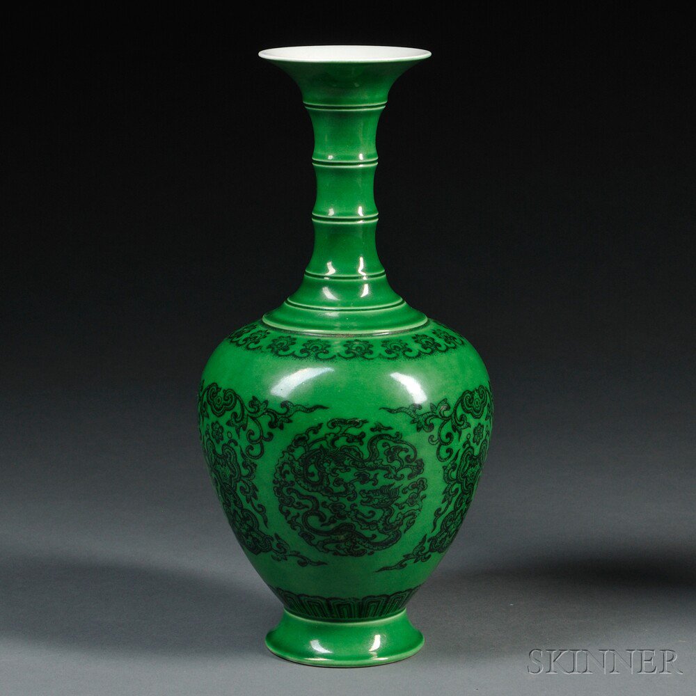 Appraisal: Green Glazed Vase China bottle shape with bamboo-form neck and