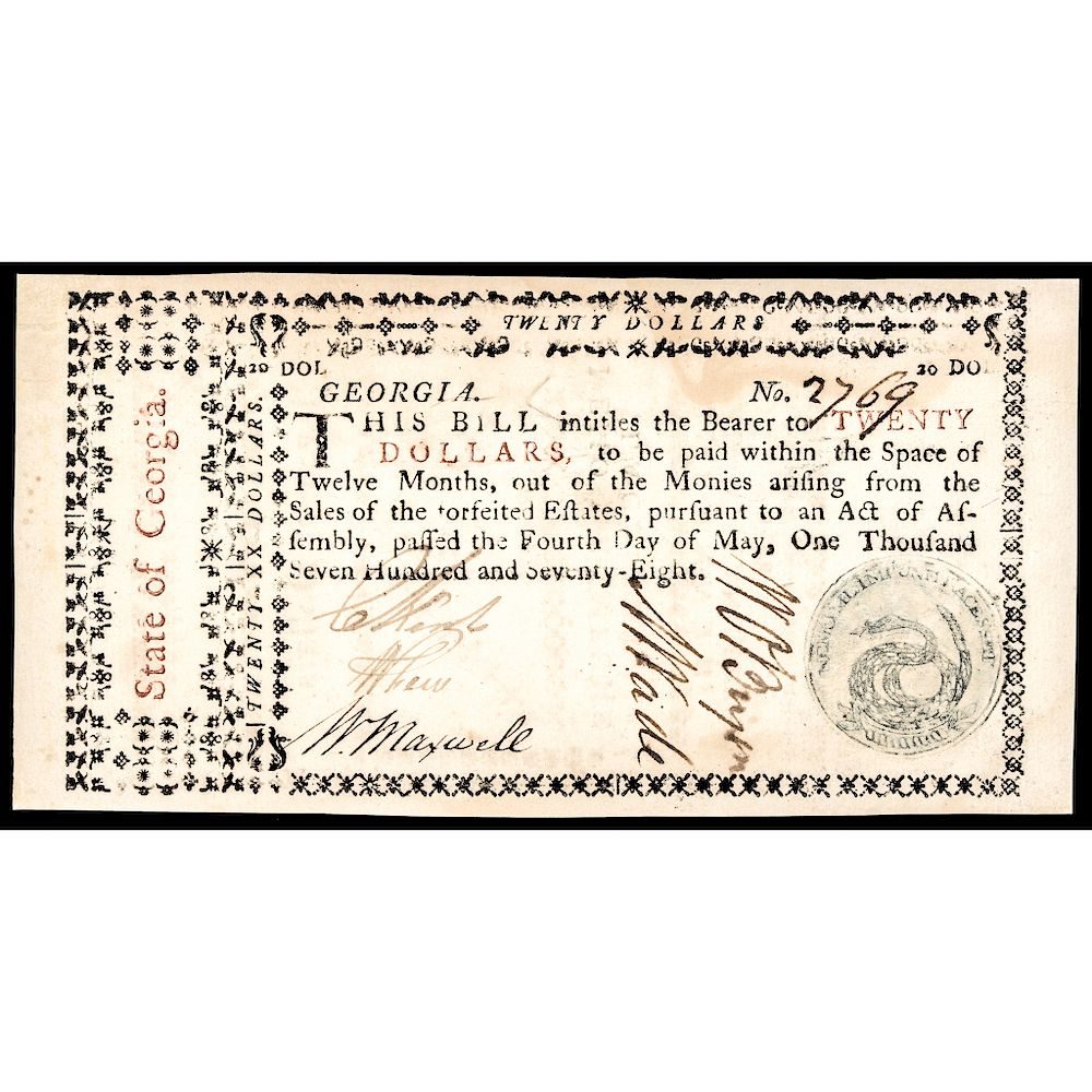 Appraisal: Colonial Currency WILLIAM FEW Signed GA Rattlesnake Seal PMG Unc-