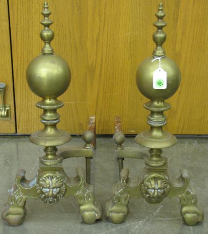 Appraisal: Pair of Cast Brass Andirons with Lion Heads '' high