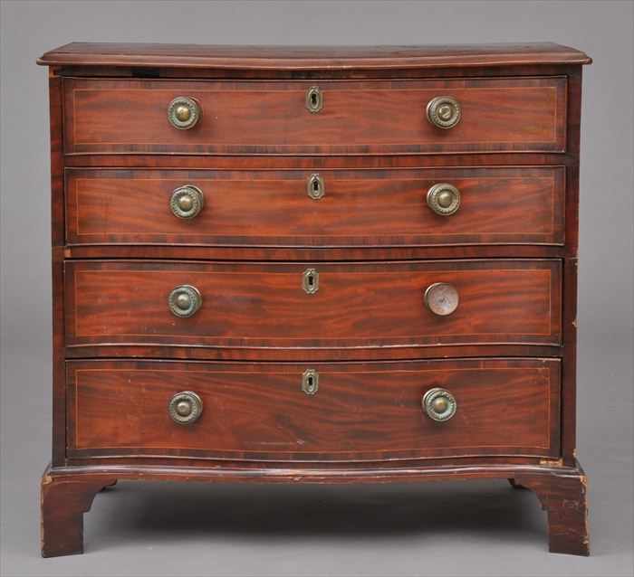 Appraisal: GEORGE III INLAID MAHOGANY SERPENTINE-FRONTED DRESSING CHEST The cross-banded line-inlaid