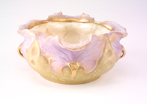 Appraisal: AMPHORA Organically-shaped center bowl with four large purple and gold