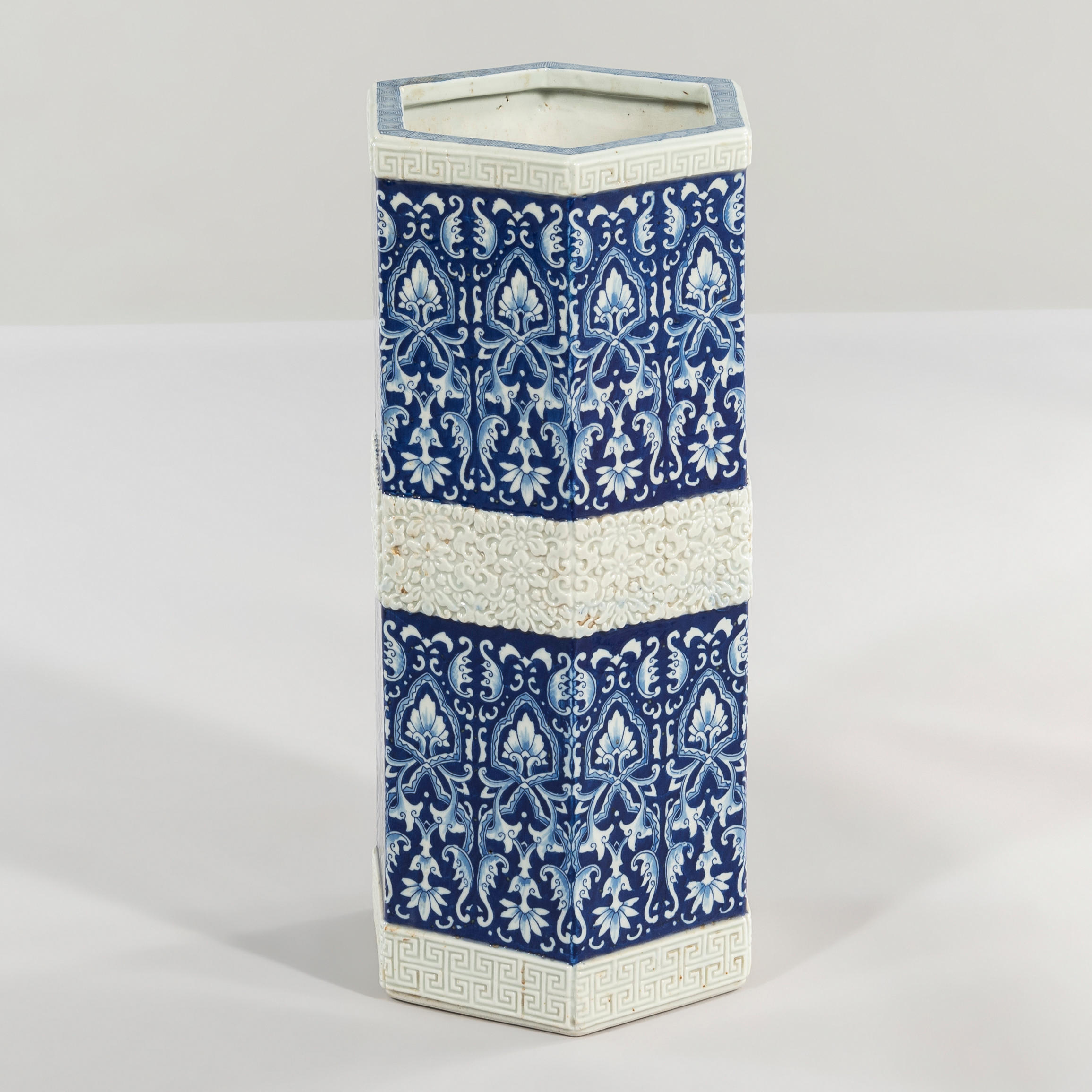 Appraisal: Blue and White Hexagonal Umbrella Stand ht wd in