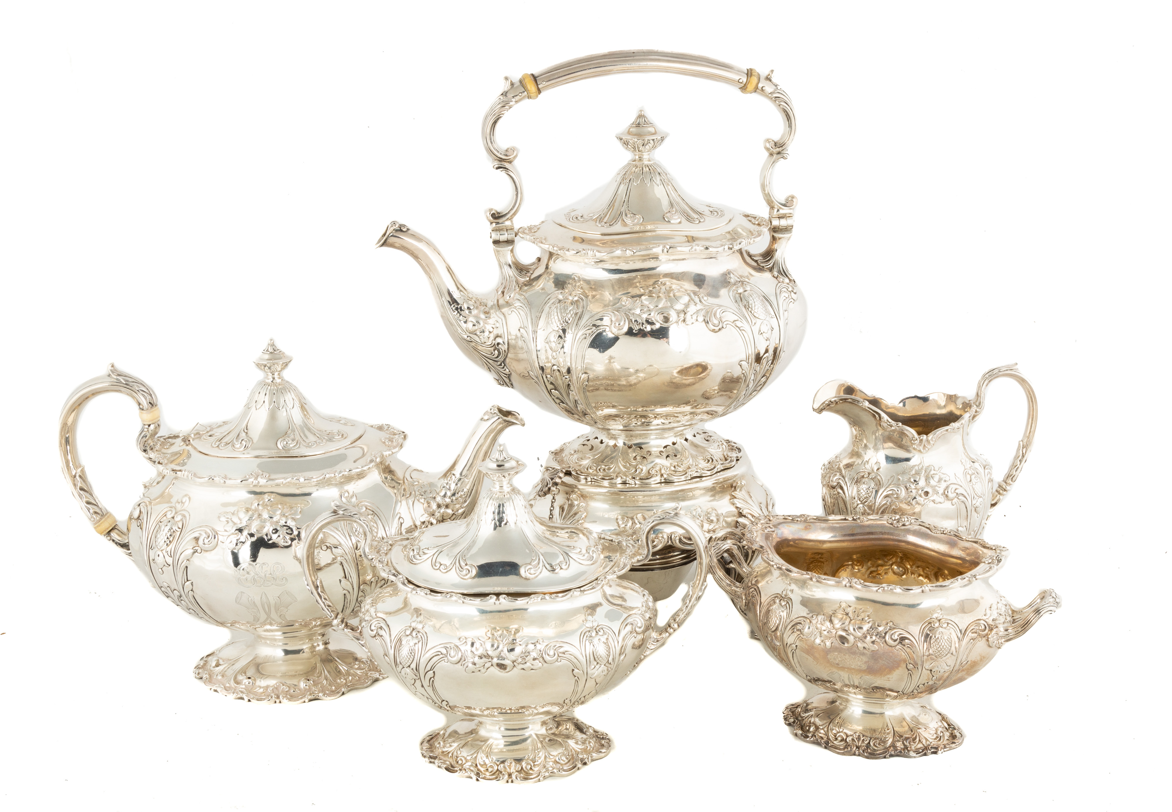 Appraisal: GORHAM FIVE PIECE STERLING SILVER TEA SET with thistle and