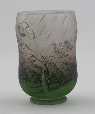 Appraisal: A Daum winter landscape vase waisted cylindrical form etched and