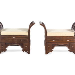 Appraisal: A Pair of Syrian Mother-of-Pearl Inlaid Walnut Benches th Century