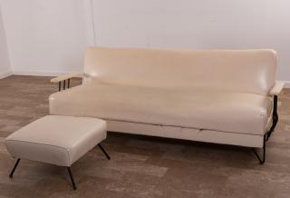 Appraisal: Sleeper Sofa Wrought Iron White Vinyl Vintage sleeper sofa with