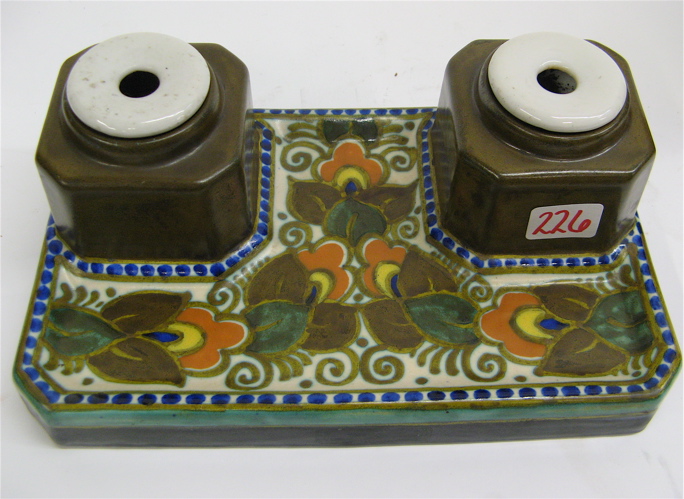 Appraisal: DUTCH GOUDA POTTERY DOUBLE INKSTAND hand painted flowers and leaves