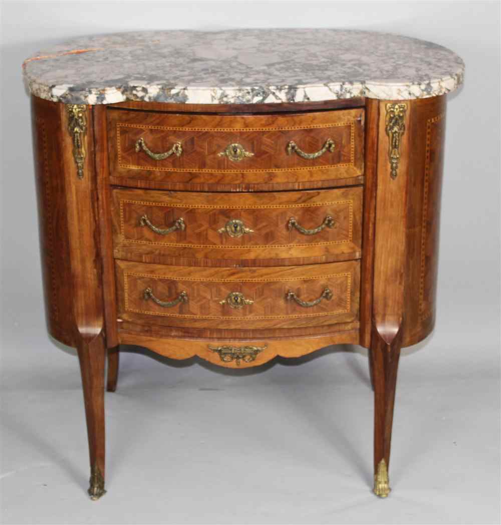 Appraisal: LOUIS XV XVI STYLE KINGWOOD AND TULIPWOOD PARQUETRY MARBLE TOP