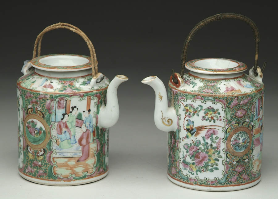 Appraisal: TWO ROSE MEDALLION TEAPOTS th Century Drum form complete with