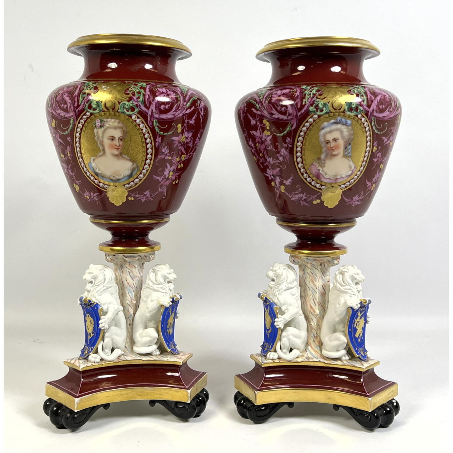 Appraisal: Pr Sevres style Mounted Porcelain Urns Vases with Portrait Medallions