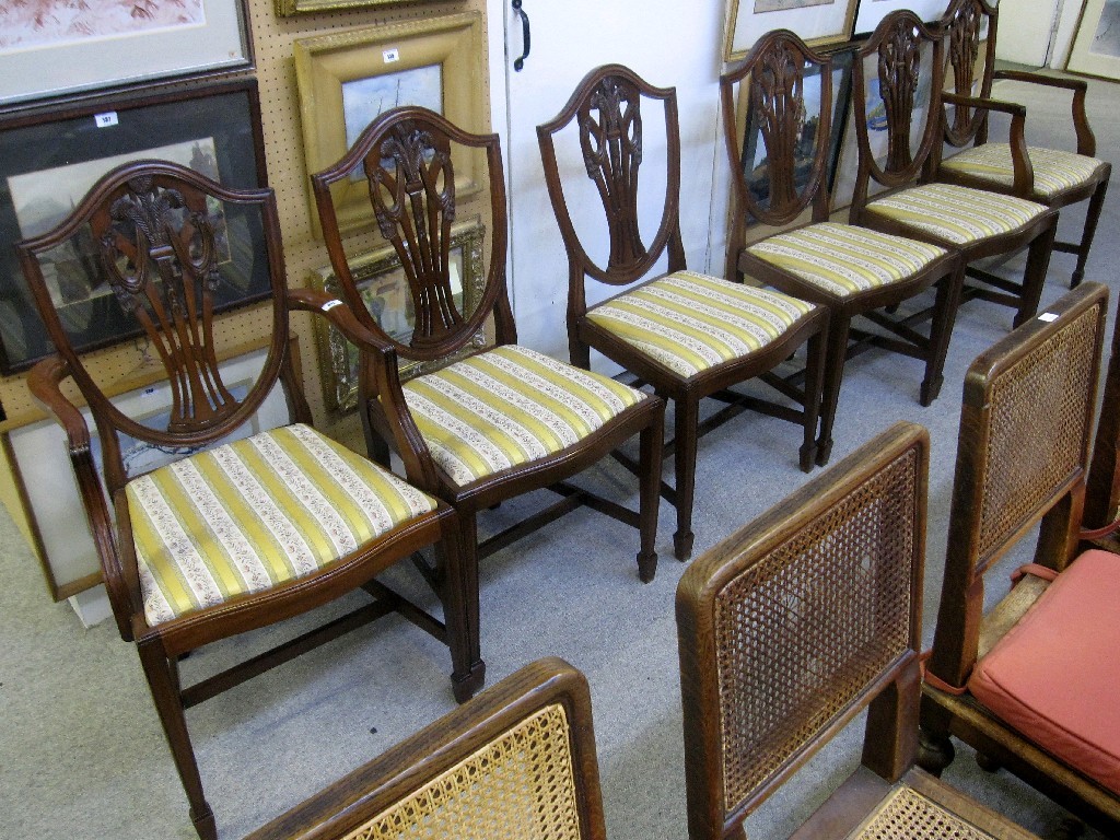 Appraisal: Set of six reproduction mahogany shield back dining chairs