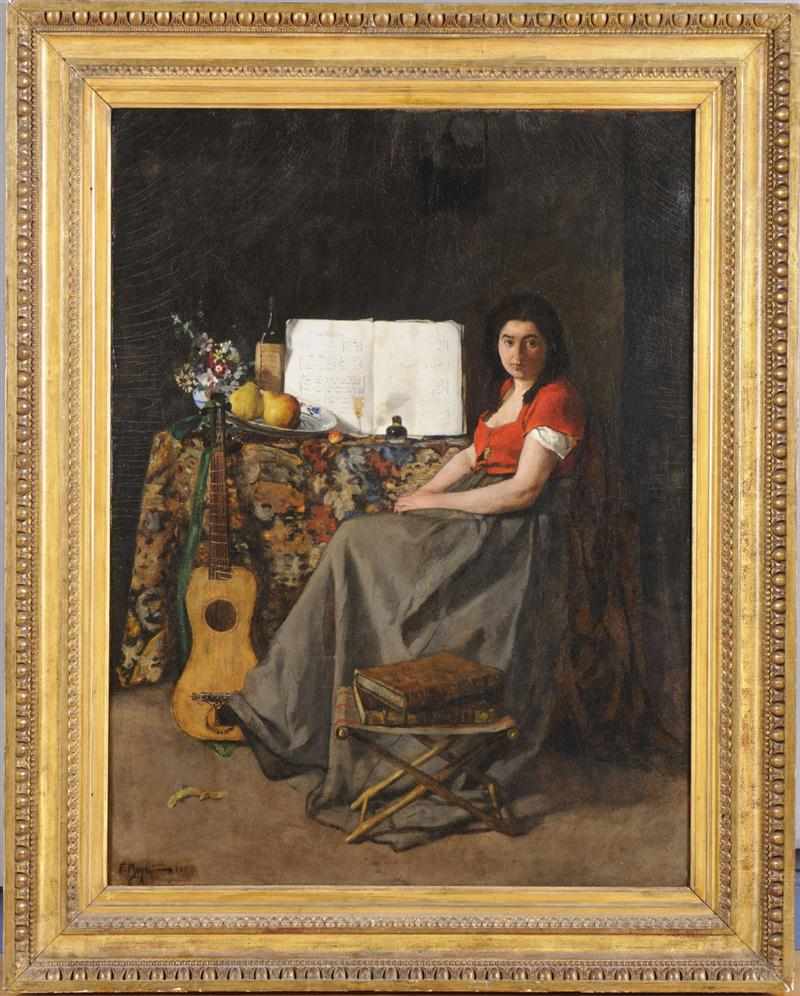 Appraisal: FERDINAND POYLET - MUJER CON GUITARRA Oil on canvas signed