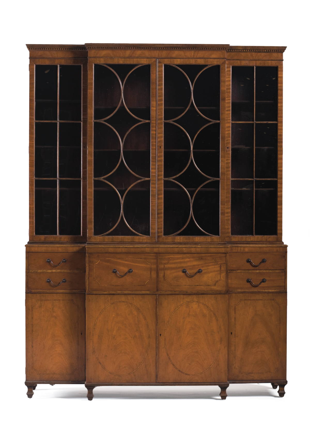 Appraisal: GEORGE III STYLE INLAID-MAHOGANY BREAKFRONT BOOKCASE The upper section with