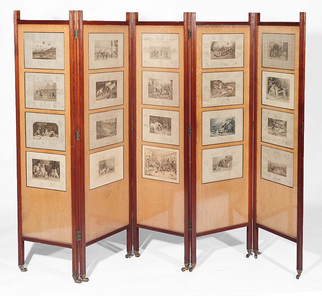 Appraisal: An Edwardian five fold draught screenhaving an oak frame inset