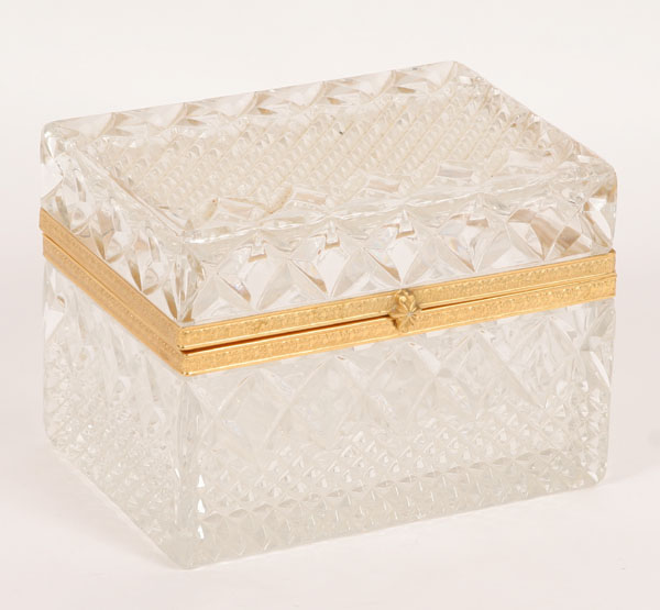 Appraisal: Molded glass jewelry box with gold trim hinged lid H