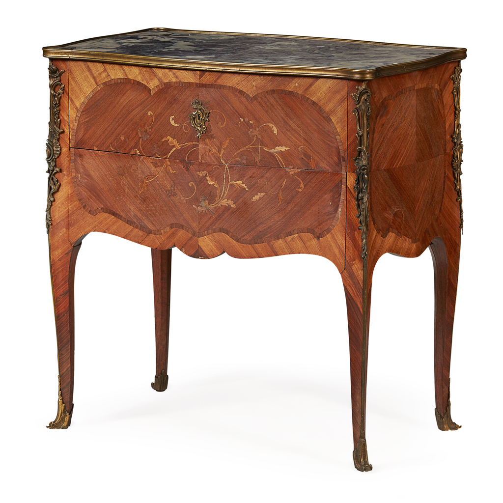 Appraisal: FRENCH KINGWOOD AND AMARANTH MARQUETRY MARBLE TOP COMMODE IN THE