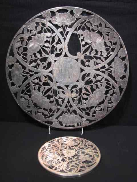 Appraisal: Silver overlay glass cake plate trivet Cake plate marked on