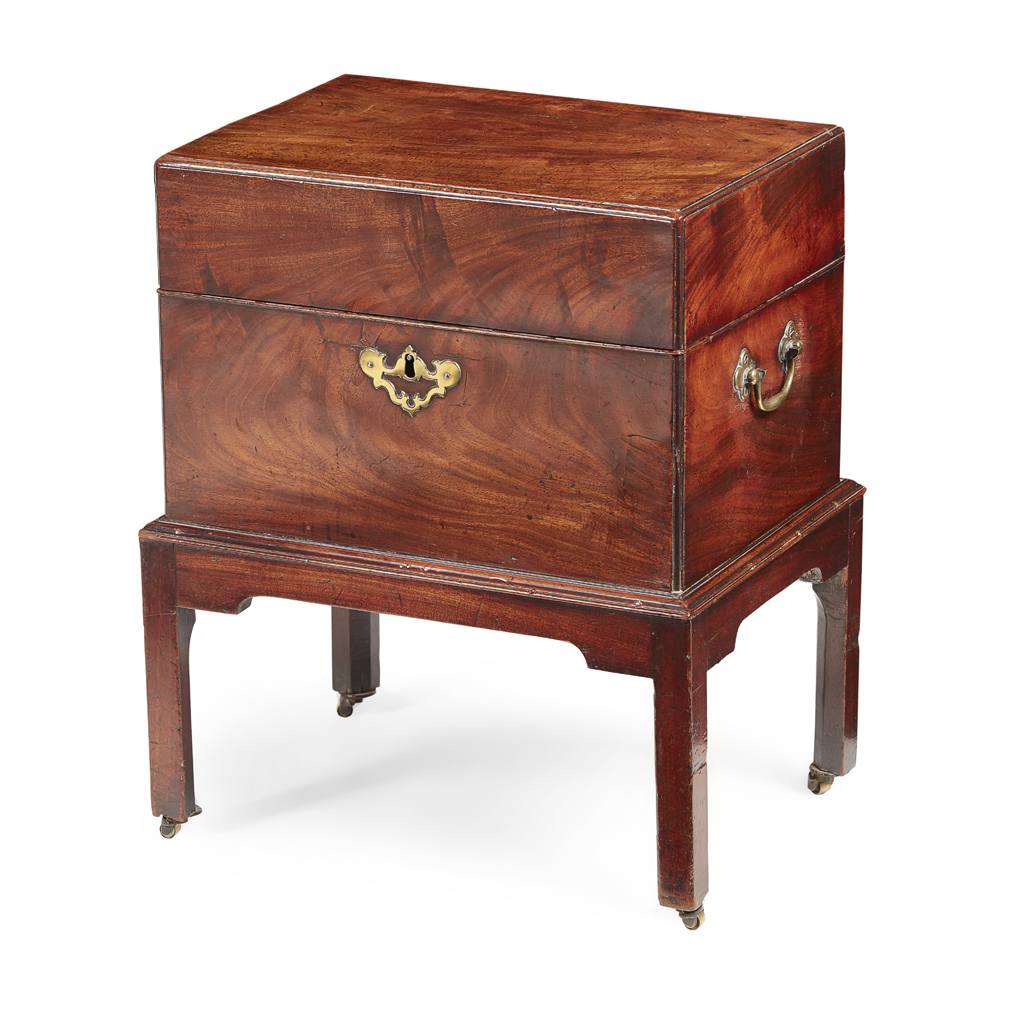 Appraisal: GEORGE III MAHOGANY CELLARETTE TH CENTURY the hinged caddy top